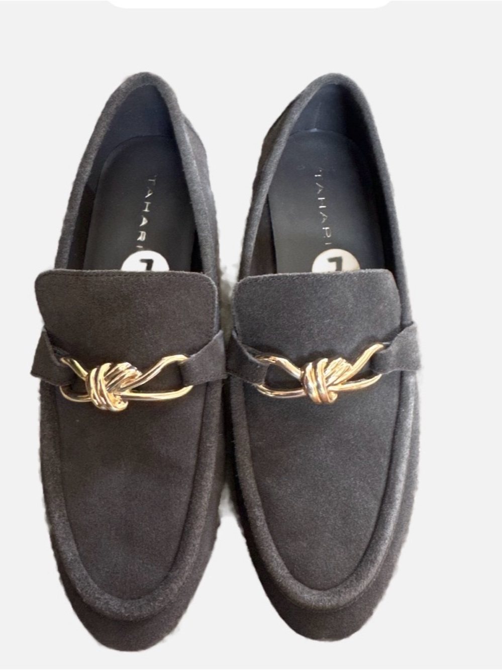 Tahari Chocolate Brown Suede Slip-On Loafers with Gold Knot Hardware